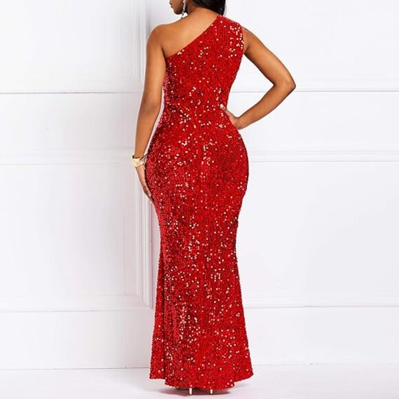 VERWIN Sequins Fashion Sleeveless Oblique Collar Mermaid Women's Maxi Dress Body - Picture 2 of 11